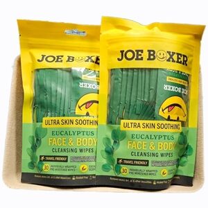 NWT 》2pks/60ct《 JOE BOXER ULTRA SKIN SOOTHING  EUCALYPTUS FACE & BODY WIPES!